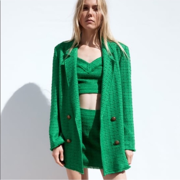 Zara Textured Double Breasted Blazer Tweed Longline Fall Boho Green Sz Large NWT - Picture 2 of 11